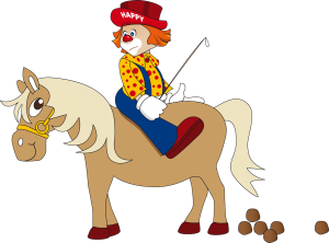 Clown Happy Club Kunterbunt auf einem Pferd